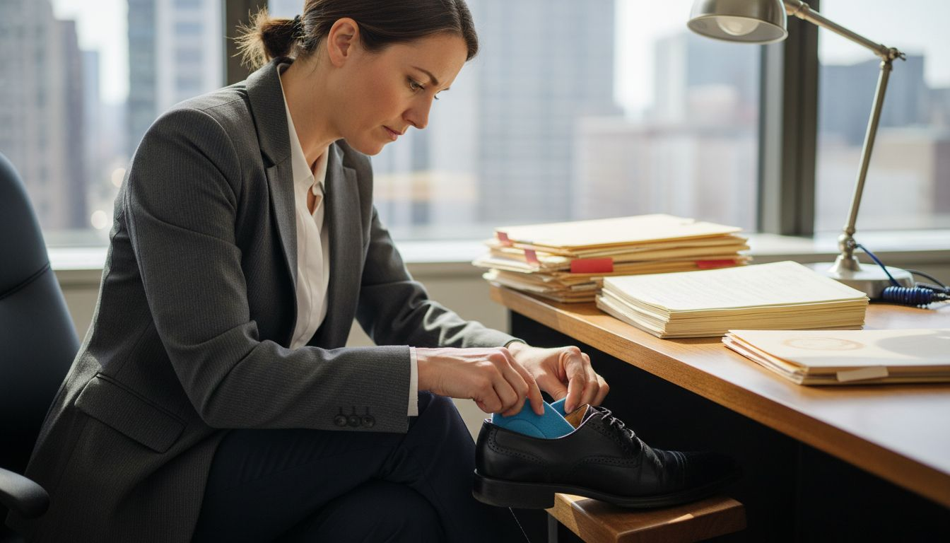 Woman adjusting insole in dress shoe