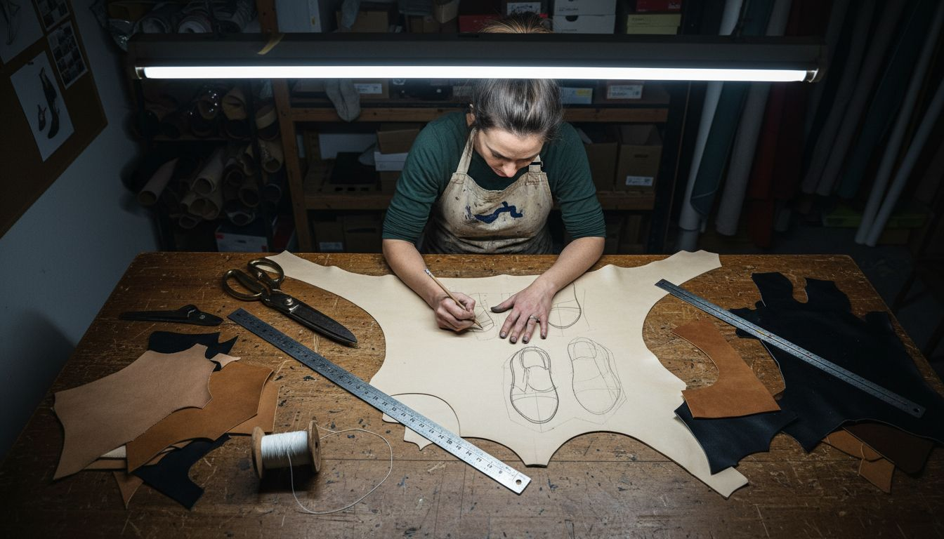 Artisan tracing shoe patterns on leather