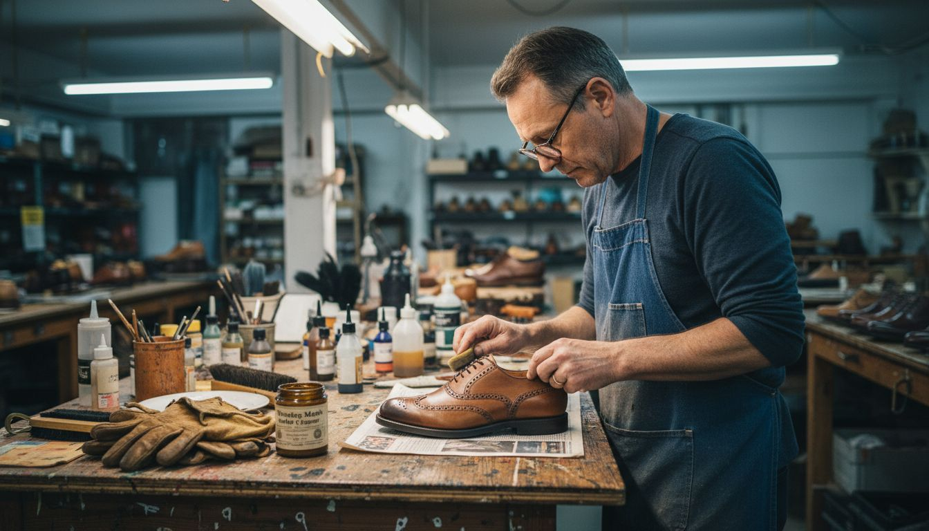 Artisan applying patina dye to leather shoe