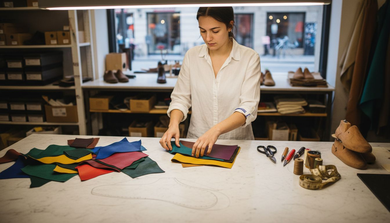Designer choosing leathers for custom shoes