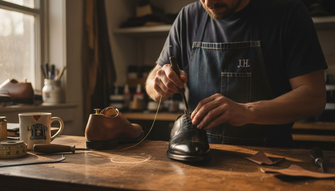 Shoemaker hand stitching Goodyear welt on dress shoe