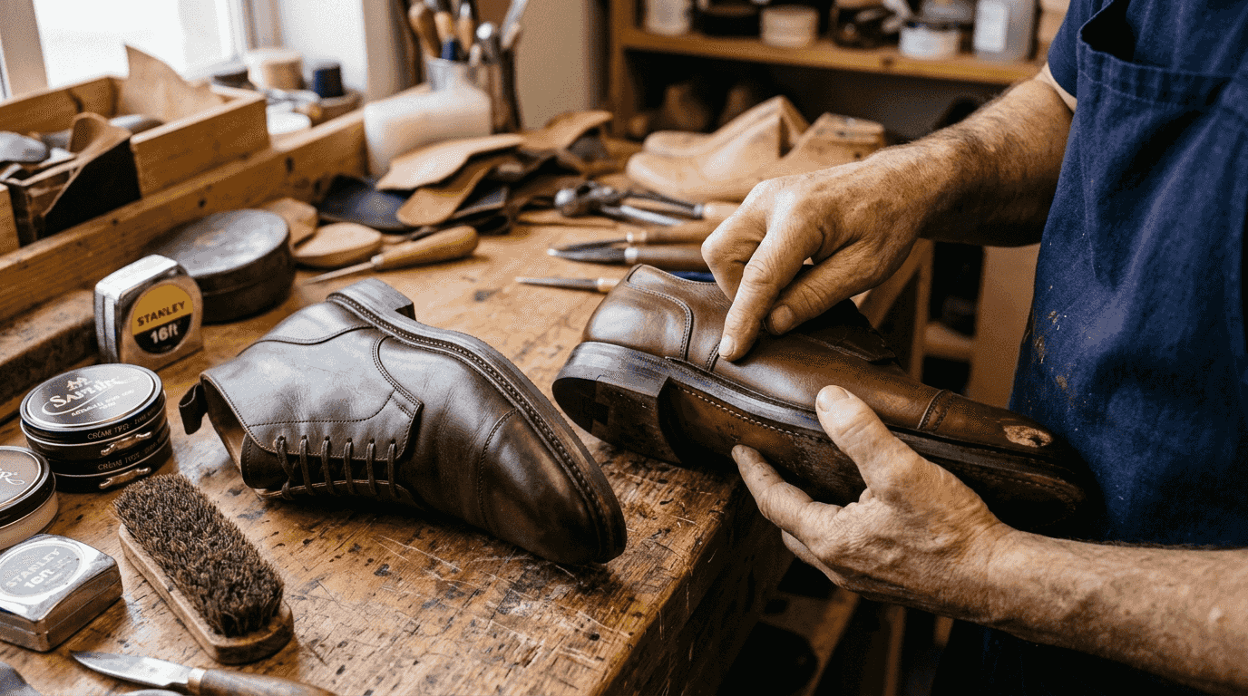 Closeup of handcrafted shoes and shoe welting