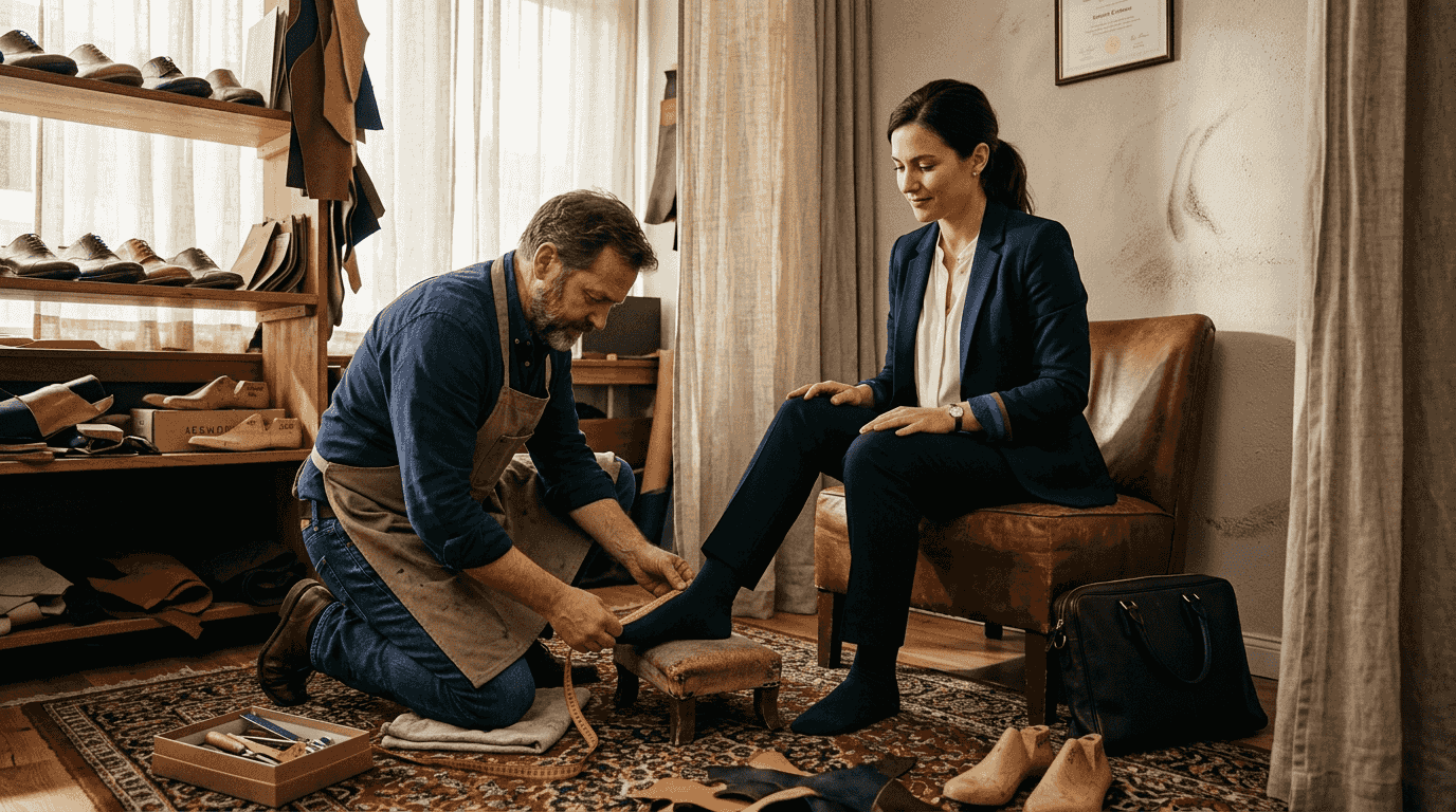 Shoemaker measuring customer’s foot for custom shoes