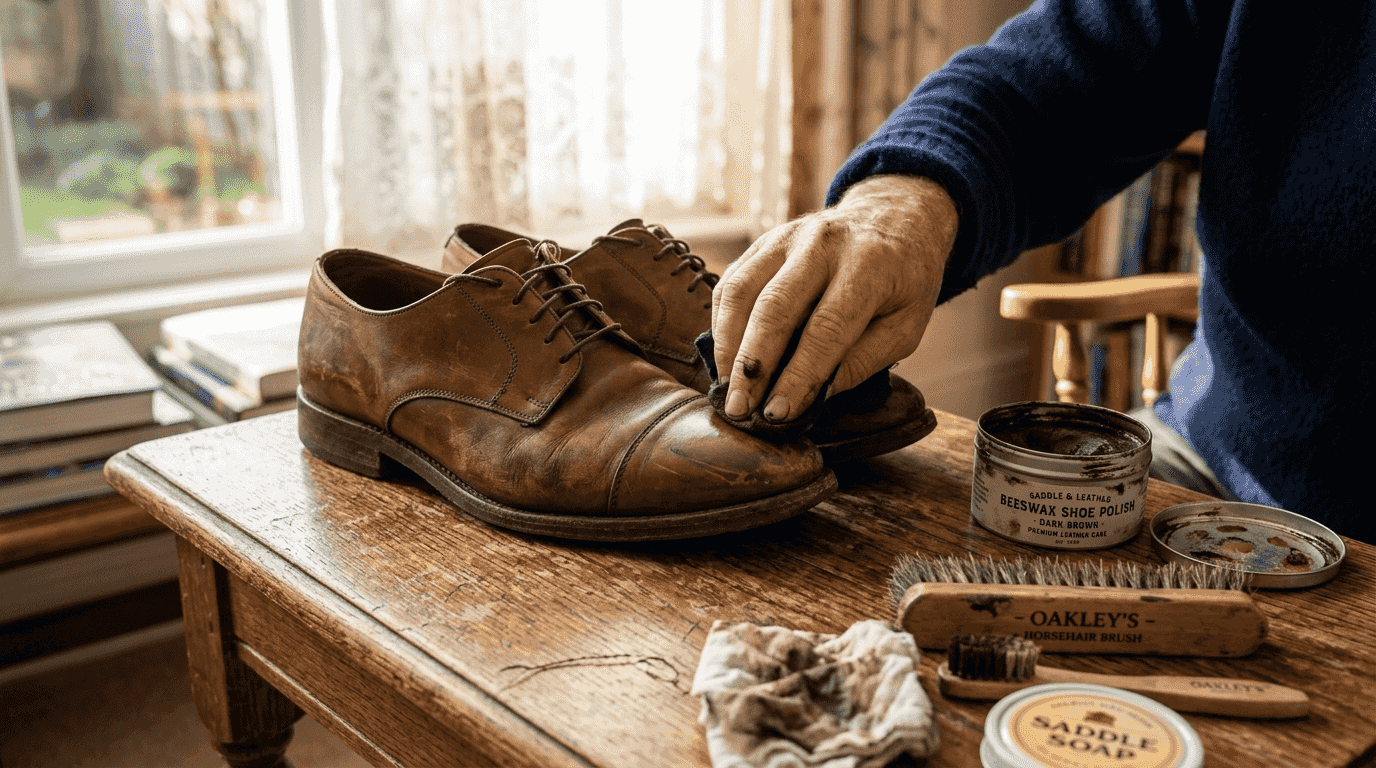Applying beeswax polish to leather shoes