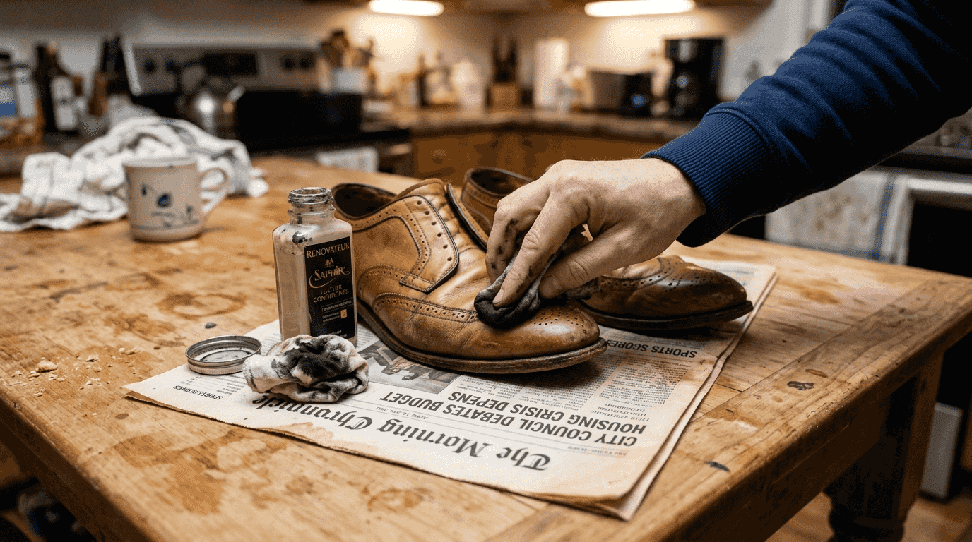 Hand conditioning tan leather shoe on table