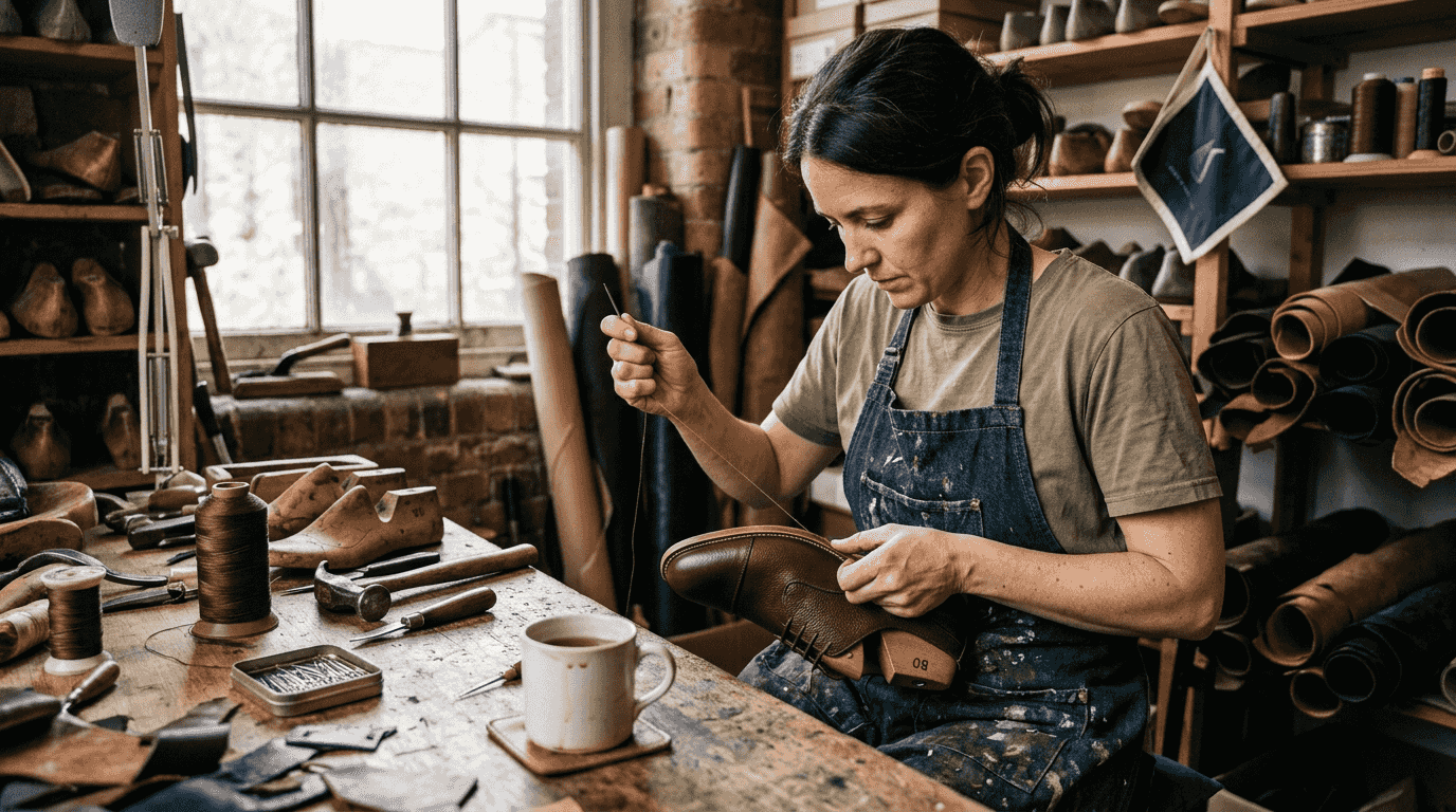 Artisan hand stitching luxury shoe in workshop