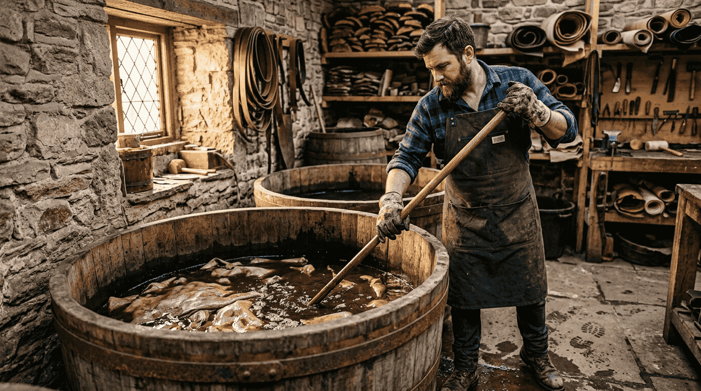 Artisan vegetable tanning hides in workshop