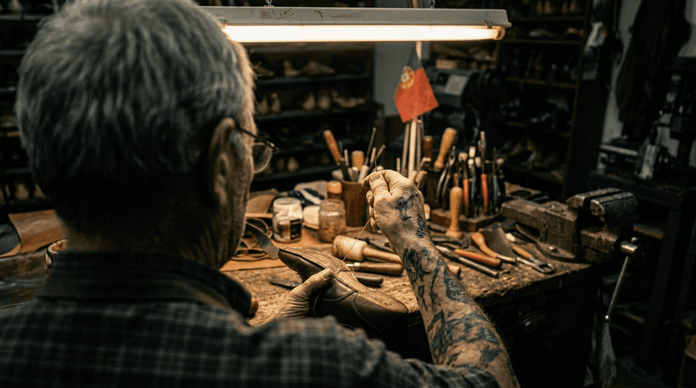 Artisan crafting leather shoe by hand
