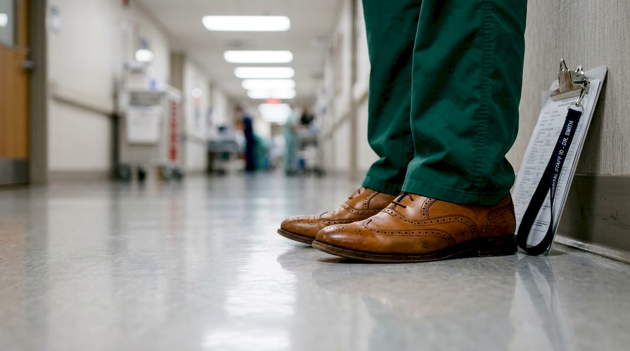 Surgeon’s brogue dress shoes in hospital corridor