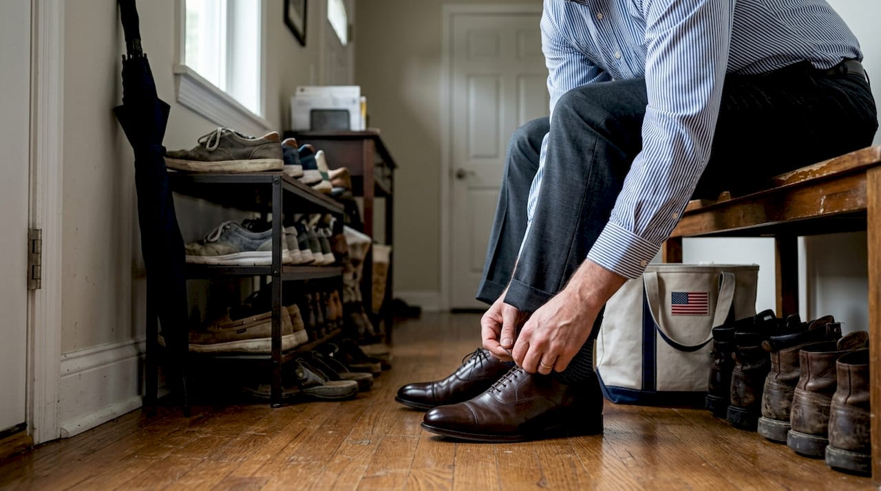 Professional putting on bespoke leather shoes
