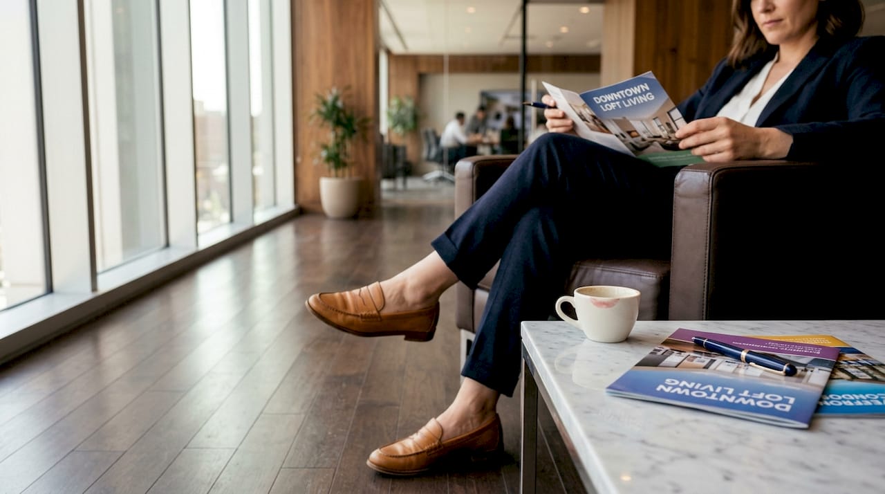 Businesswoman wearing heritage loafers reviewing brochures
