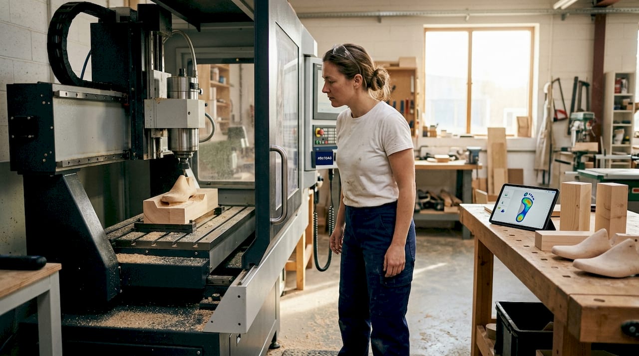 Technician monitoring CNC shoe last milling