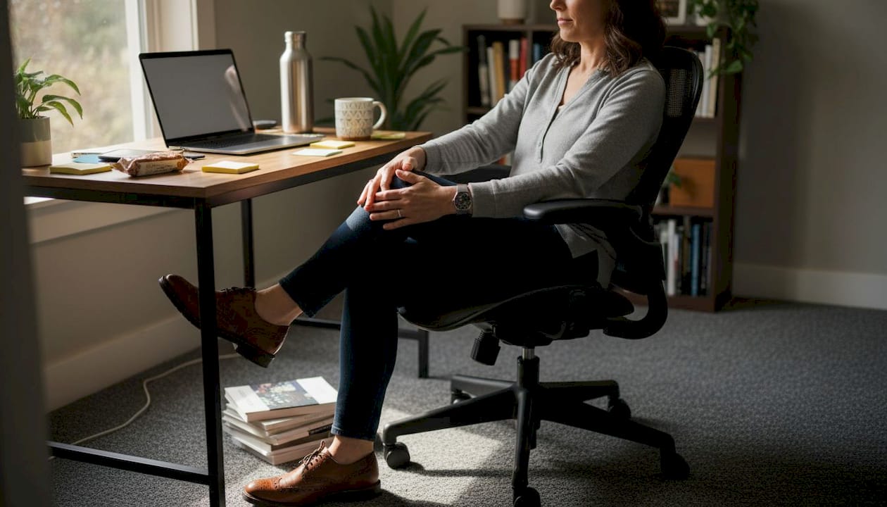 Professional woman relaxing with custom shoes at desk