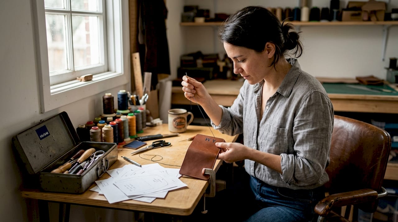 Artisan customizing leather wallet at workspace