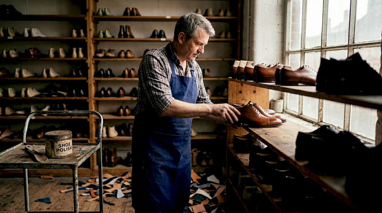 Worker shelving shoes in Northampton factory