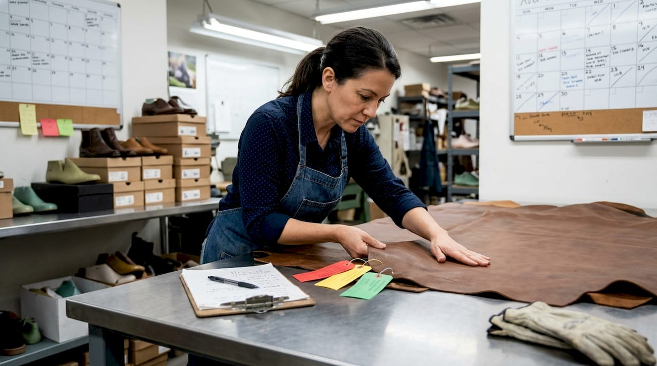 Leather expert inspecting luxury shoe hide