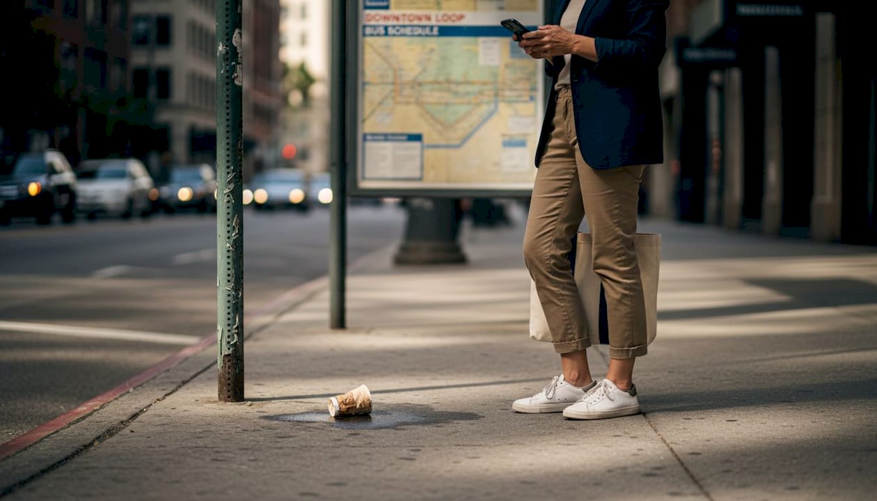Woman in minimalist white sneakers at bus stop