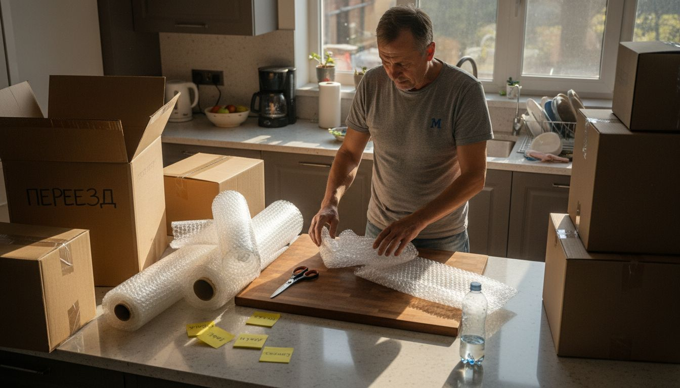 Мужчина на кухне перебирает и сортирует упаковочные материалы.