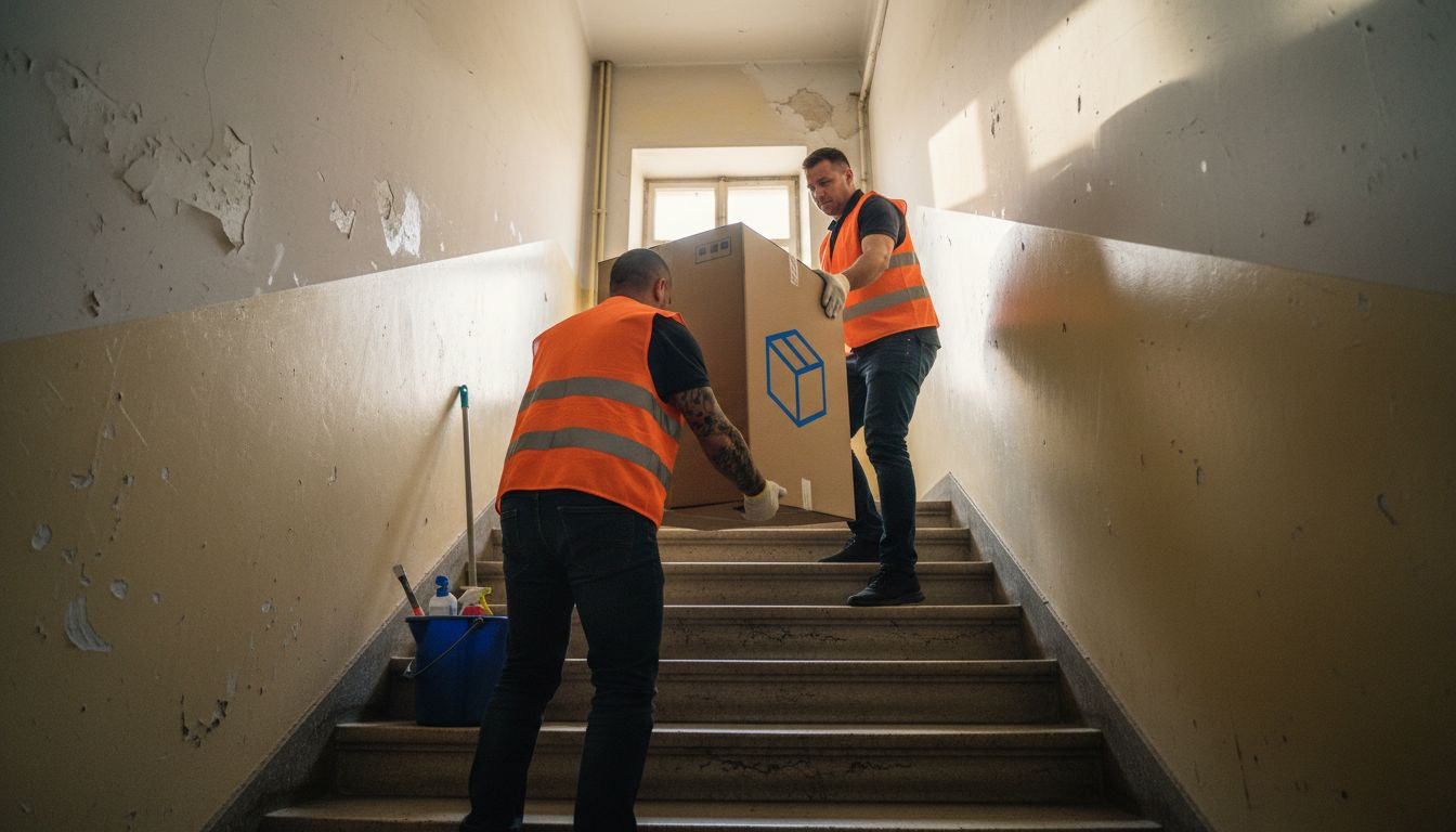 Грузчики аккуратно поднимают коробку по лестнице, стараясь не повредить ни коробку, ни стены.