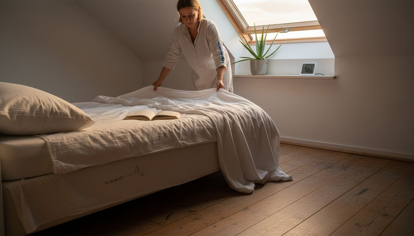 O femeie aranjează cu grijă lenjerii din materiale naturale într-un dormitor cochet situat la mansardă.