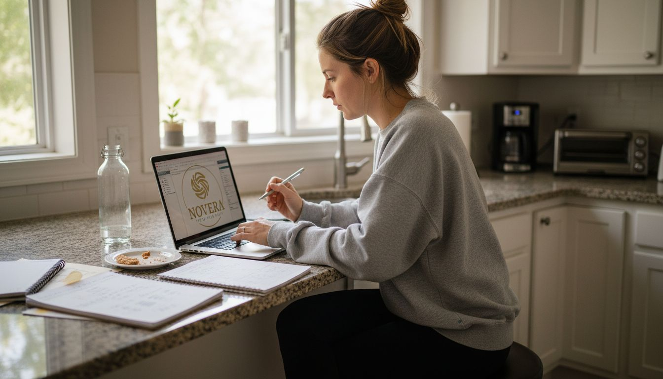 Woman reviewing trades at kitchen counter