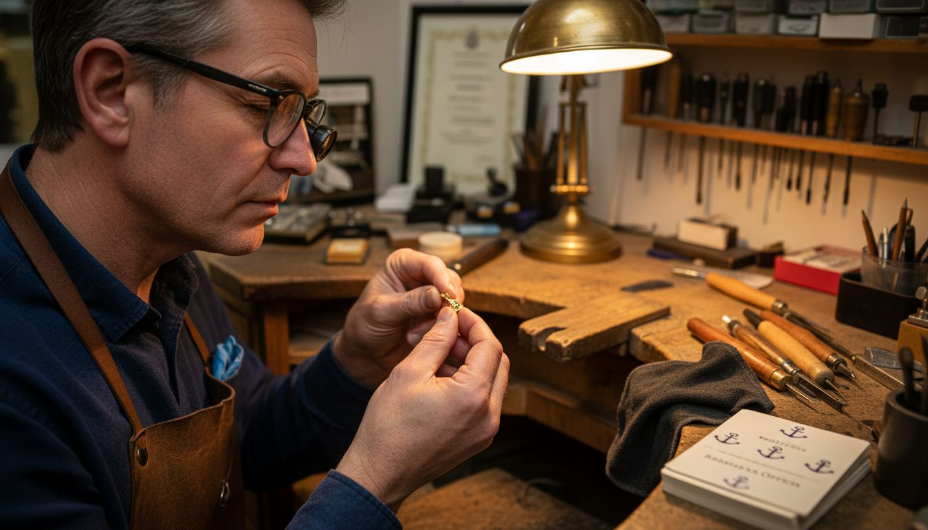 Jeweller checking hallmark with loupe in workshop