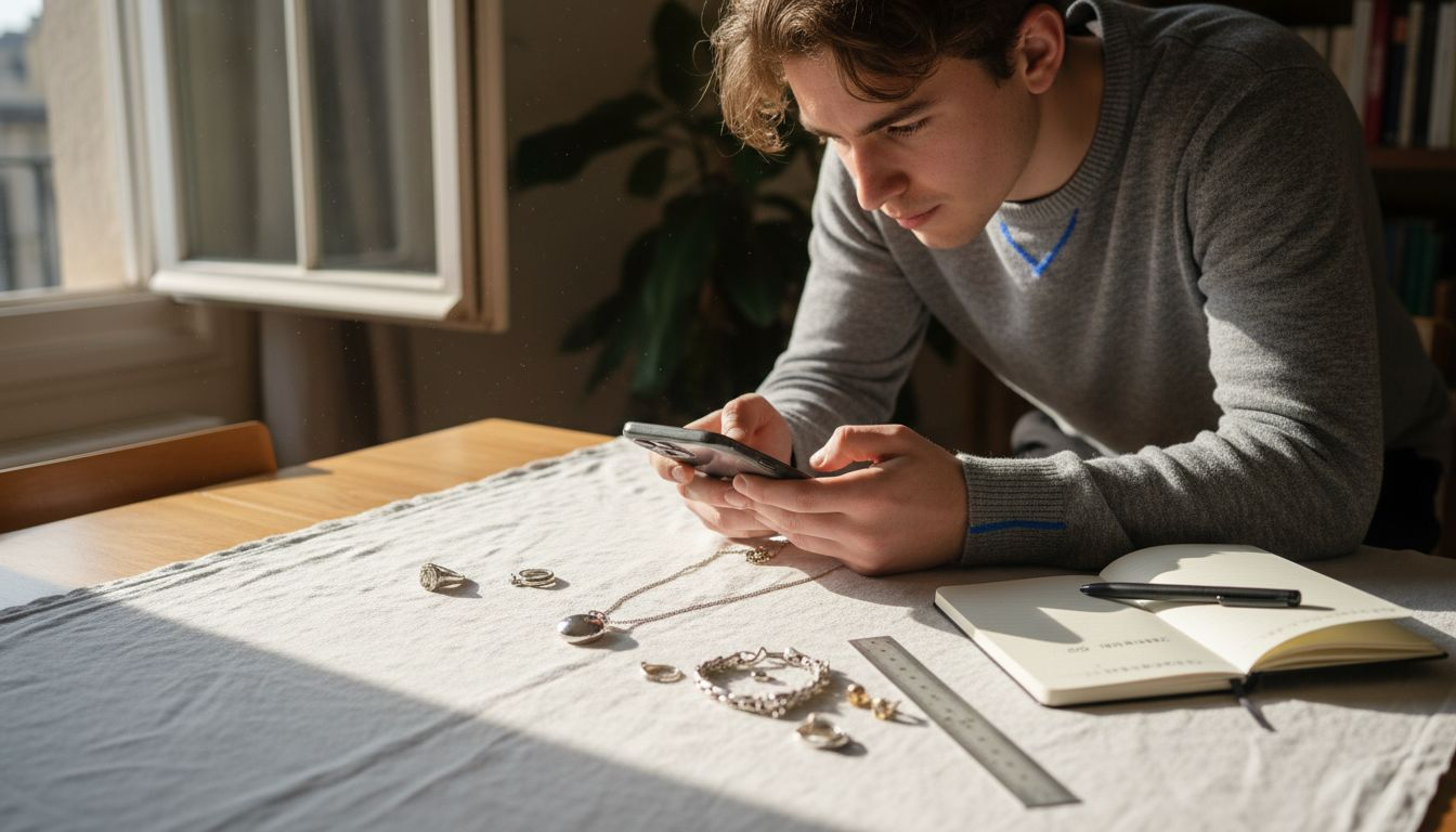Documenting jewellery with close-up photos at table