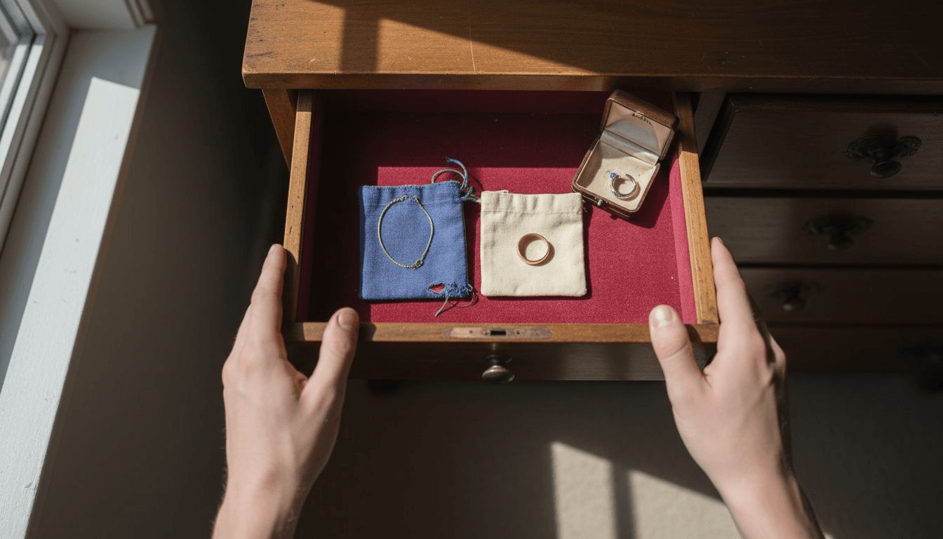 Gold jewellery stored in velvet-lined drawer