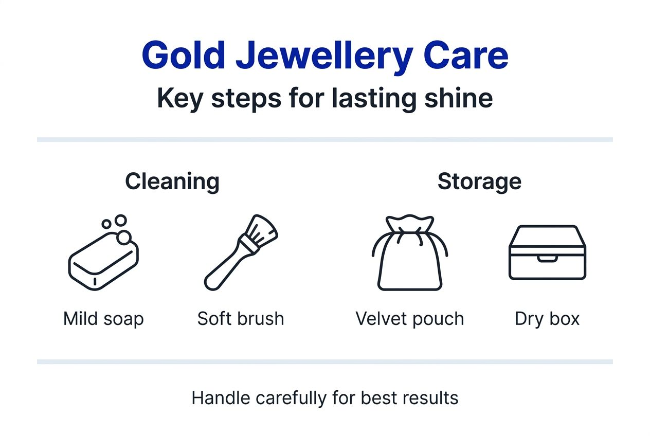 Infographic showing gold jewellery cleaning and storage steps