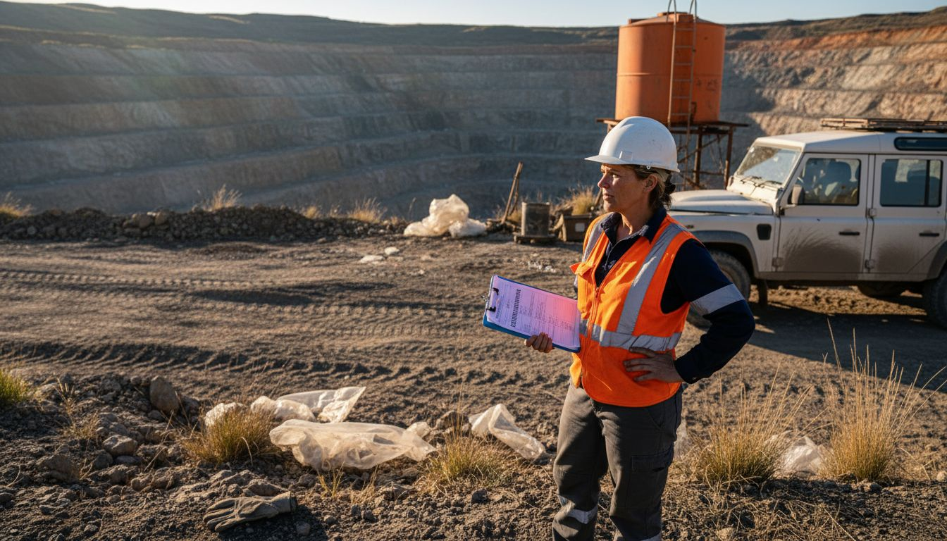 Supervisor beside diamond mine with water tank