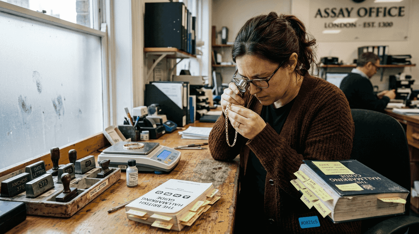 Jeweller inspecting hallmark under magnifying loupe