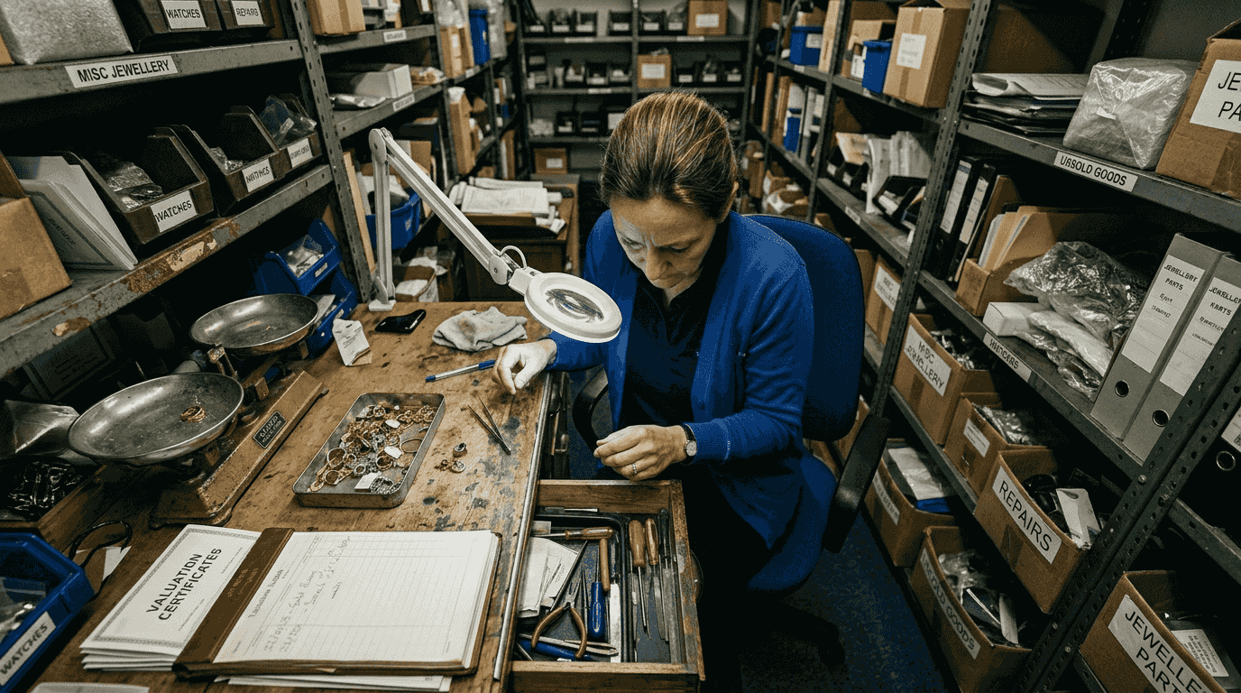 Pawn shop worker inspecting diamond ring