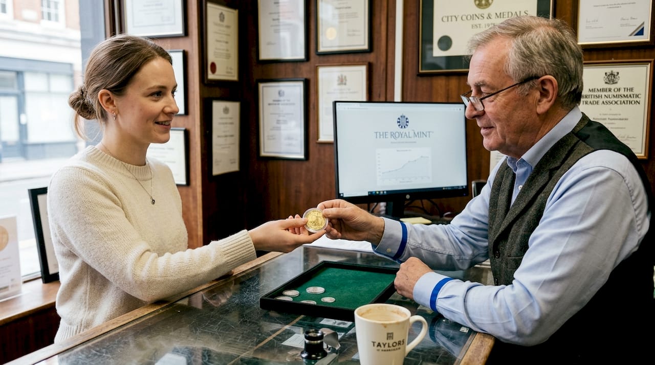 Customer selling gold coins at UK dealer