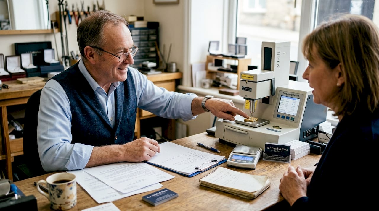 Jeweller demonstrating fair gold evaluation process
