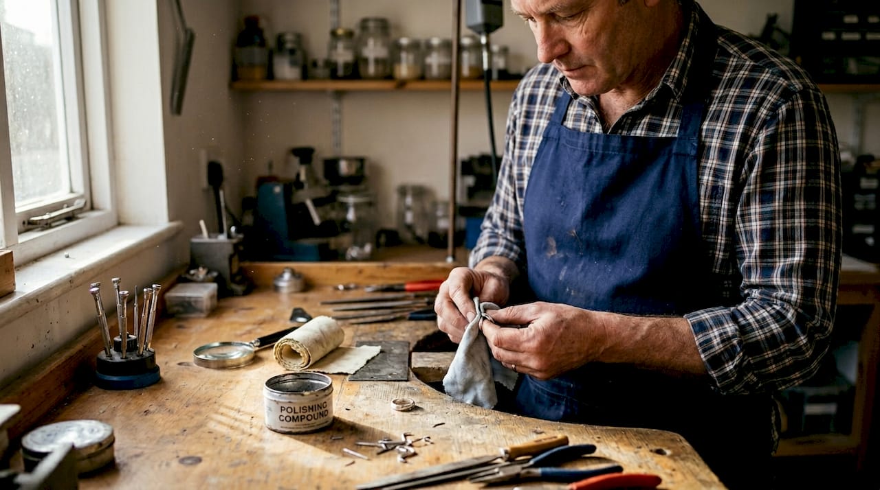 Jeweller refurbishing ring in workshop