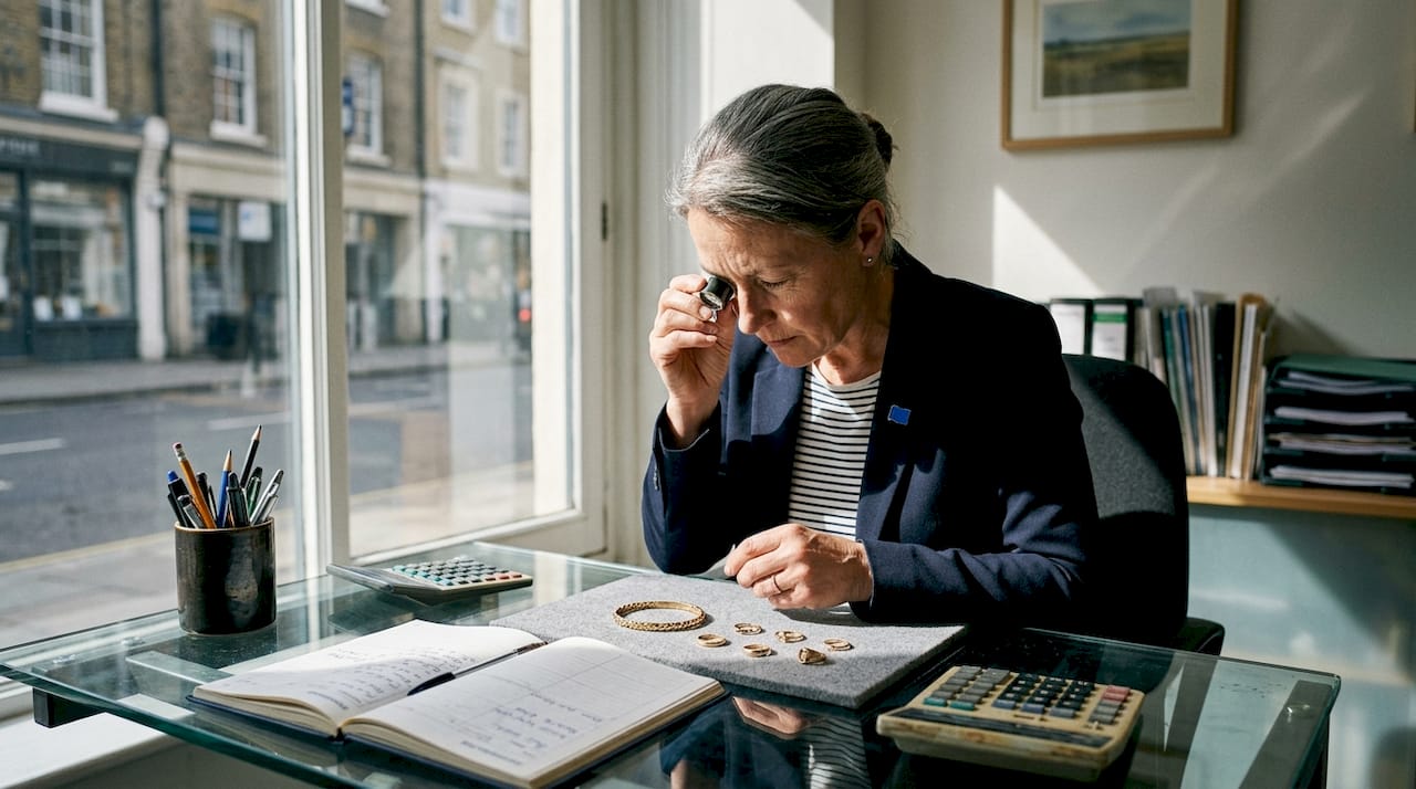 Gold buyer reviewing jewellery in city office