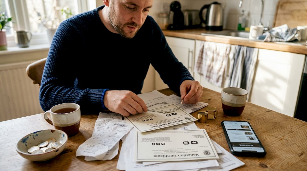 Man organizing jewellery documents at table