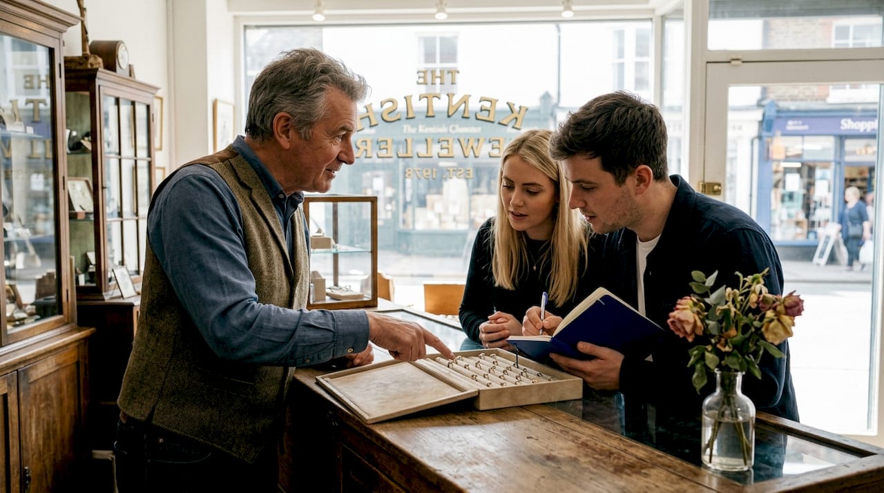 Jeweller presenting ring tray to customers