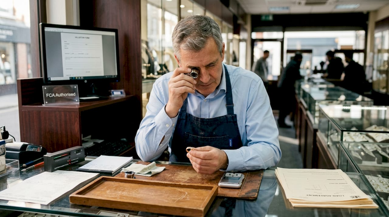 Pawnbroker assesses jewellery at shop counter