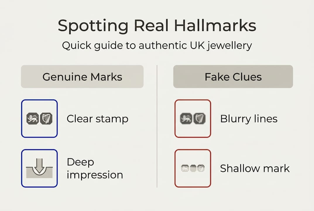 Infographic comparing real and fake jewellery hallmarks