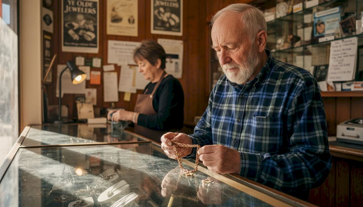 Customer examining vintage jewellery in Kent shop