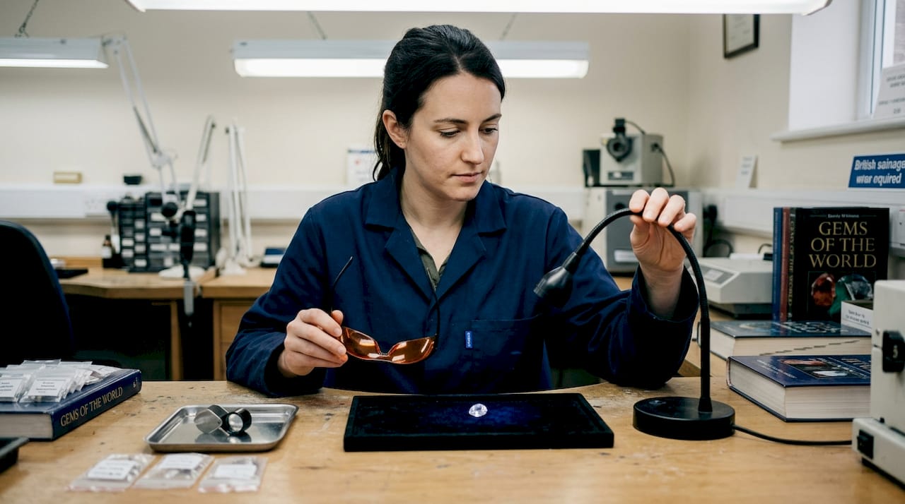 Gemologist examines diamond with UV lamp in lab