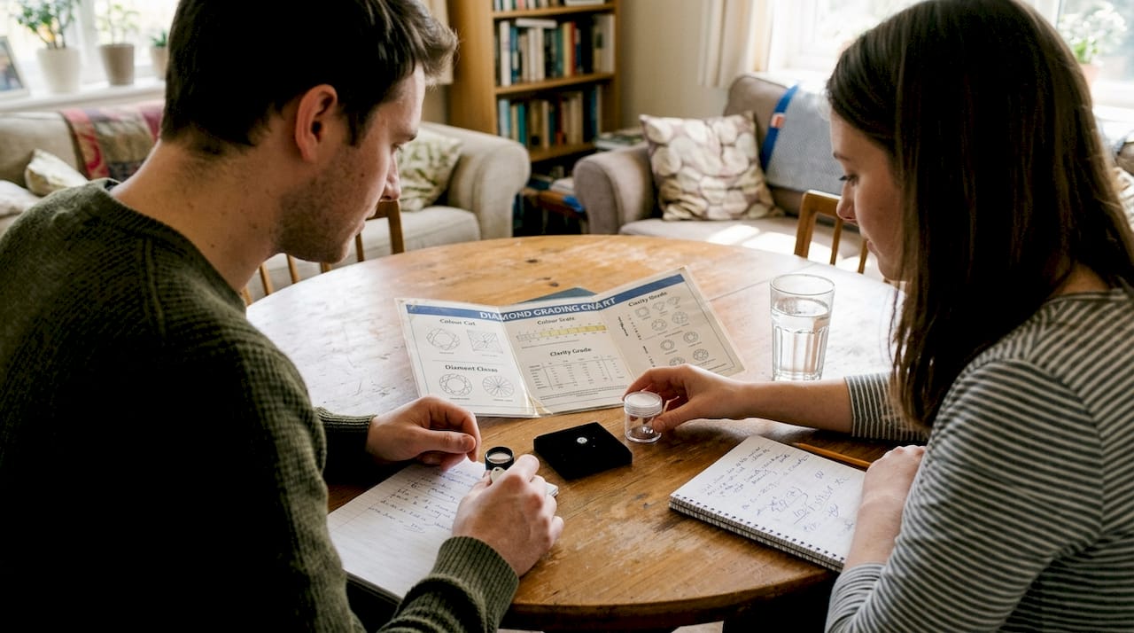 Couple comparing loose diamonds at home
