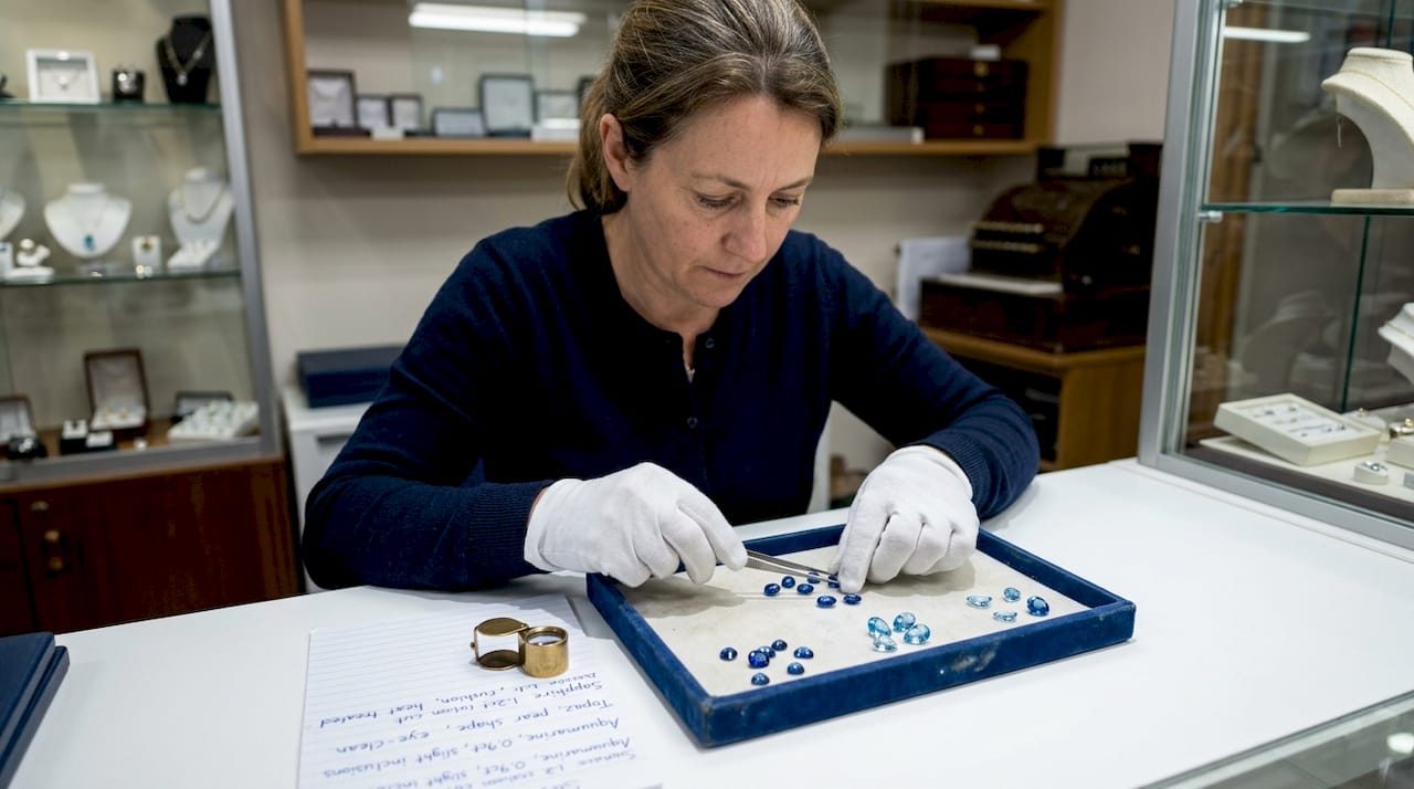 Jeweller handling blue gemstone selection