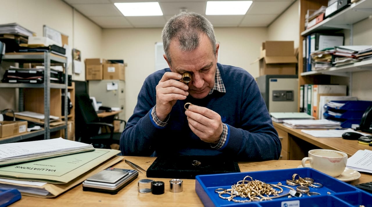 Pawn shop staff valuing gold ring