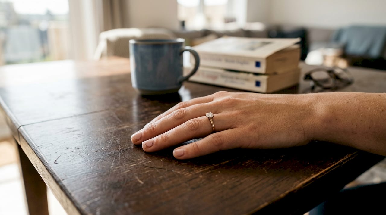 Woman’s hand wearing solitaire engagement ring