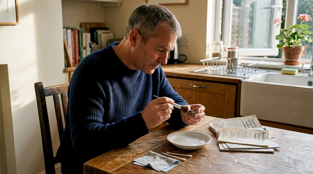 Man cleaning estate brooch at kitchen table