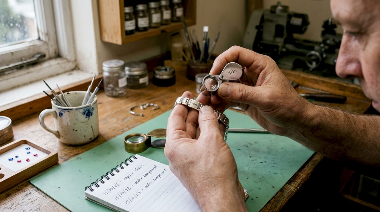 Close-up hallmark inspection with jewellers loupe