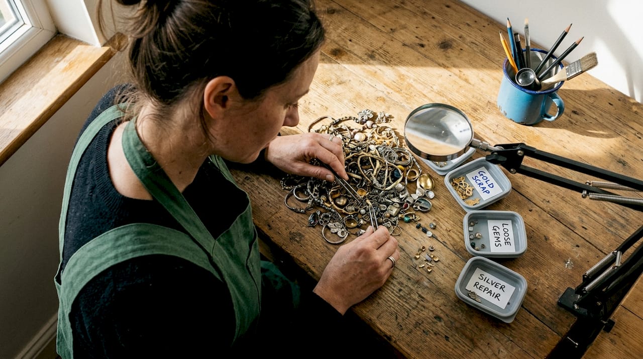 Artisan sorting pre-owned jewellery for reuse