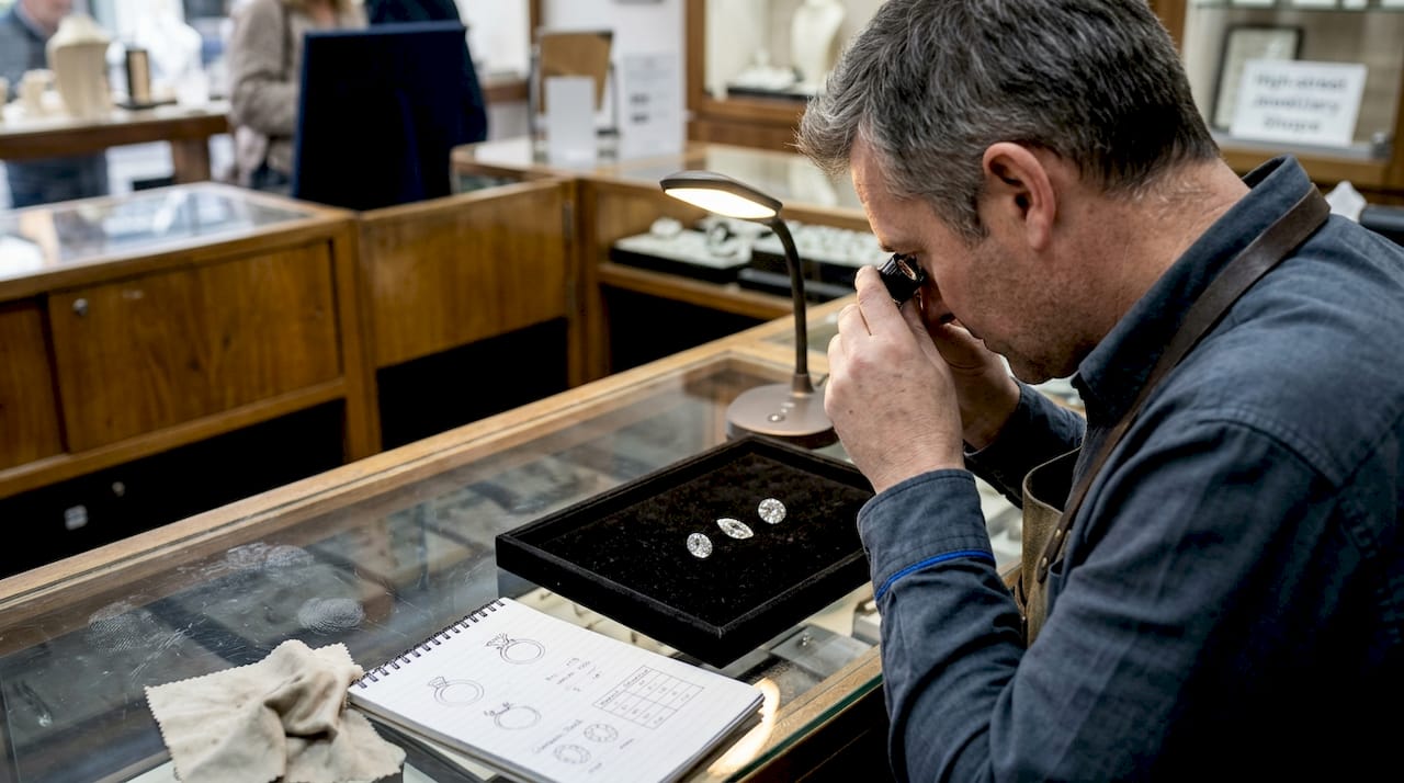 Jeweller comparing diamond shapes on counter